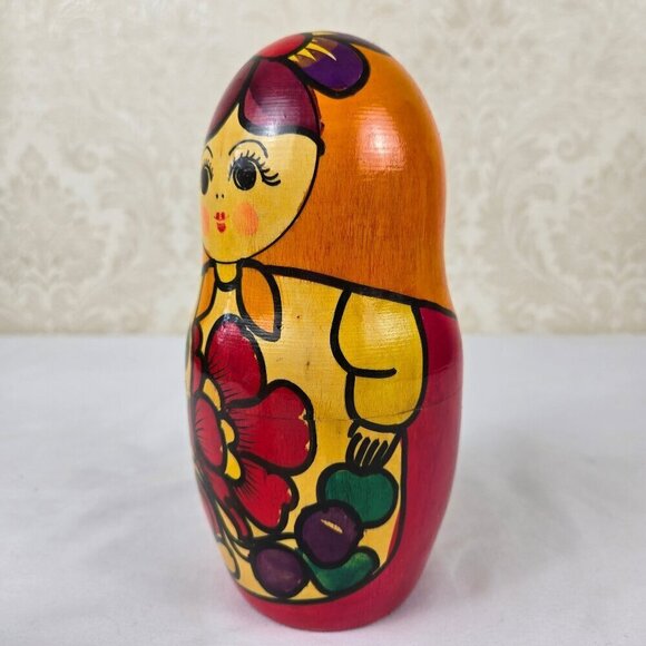 Single Matryoshka Doll Wood Hand Painted Russian Colorful Floral Motif - Picture 2 of 11